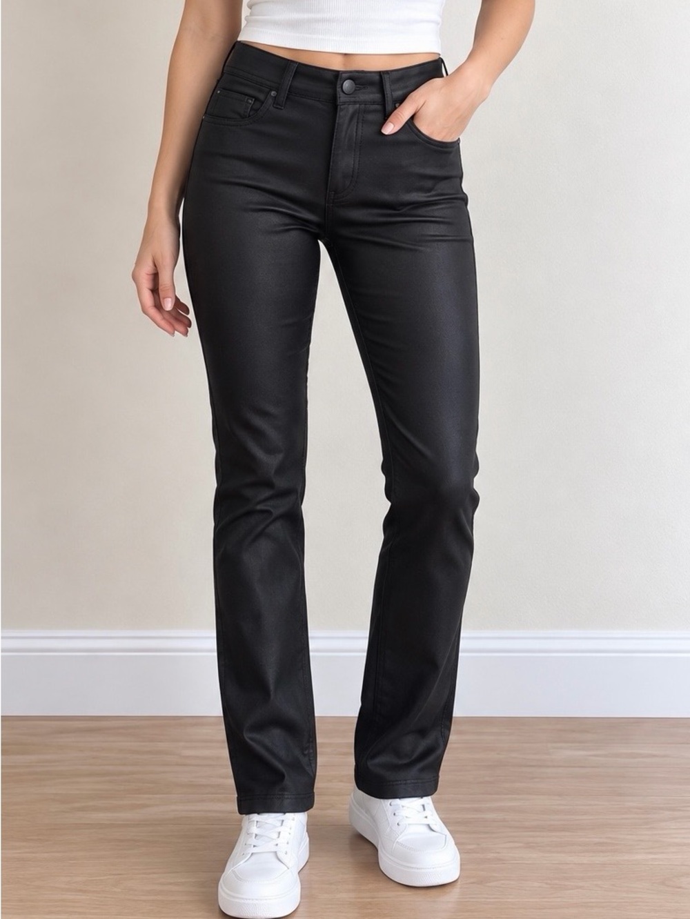 Express Black Coated Slim Straight Pants Size 2 Stretch